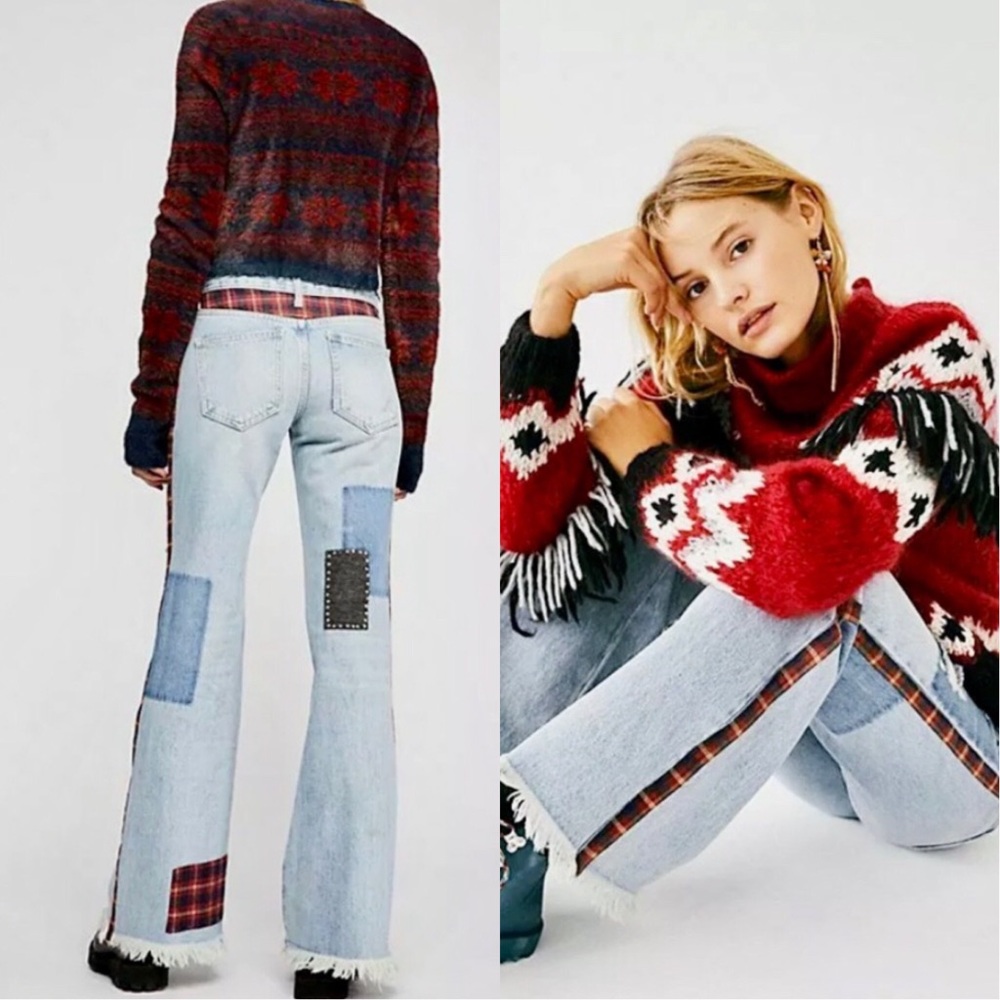 Free People Mix Plaid Slim Flare Jeans
